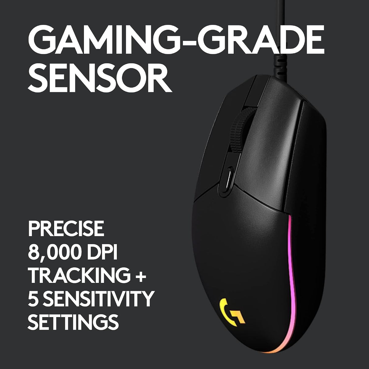 Logitech G102 LIGHTSYNC gaming mouse side profile